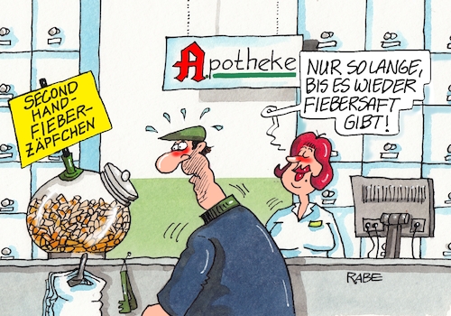 Cartoon: Fieberflutschi (medium) by RABE tagged fieber,fiebersaft,fieberzäpfchen,fieberthermometer,erkältung,hustensaft,kinder,doktor,arzt,rabe,ralf,böhme,cartoon,karikatur,pressezeichnung,farbcartoon,tagescartoon,apothekerin,kunde,engpass,angebotslücke,kinderkrankheit,second,hand,fieber,fiebersaft,fieberzäpfchen,fieberthermometer,erkältung,hustensaft,kinder,doktor,arzt,rabe,ralf,böhme,cartoon,karikatur,pressezeichnung,farbcartoon,tagescartoon,apothekerin,kunde,engpass,angebotslücke,kinderkrankheit,second,hand