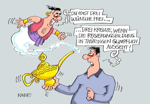 Cartoon: Flaschengeist (medium) by RABE tagged landtagswahlen,wahlergebnisse,sachsen,brandenburg,groko,spd,cdu,rabe,ralf,böhme,cartoon,karikatur,pressezeichnung,farbcartoon,tagescartoon,arzt,doktor,csu,afd,verluste,rechte,populismus,thüringen,erfurt,bodo,ramelow,mike,mohring,höcke,flaschengeist,wunderlampe,geist,aladin,märchen,kreuze,wünsche,heym,tiefensee,linksbündnis,linke,landtagswahlen,wahlergebnisse,sachsen,brandenburg,groko,spd,cdu,rabe,ralf,böhme,cartoon,karikatur,pressezeichnung,farbcartoon,tagescartoon,arzt,doktor,csu,afd,verluste,rechte,populismus,thüringen,erfurt,bodo,ramelow,mike,mohring,höcke,flaschengeist,wunderlampe,geist,aladin,märchen,kreuze,wünsche,heym,tiefensee,linksbündnis,linke