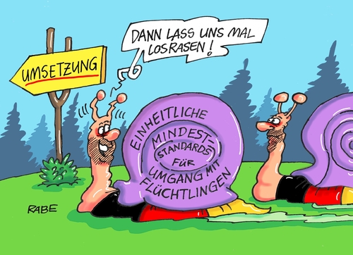 Cartoon: Flüchtlinge (medium) by RABE tagged flüchtlinge,flüchtlingsheime,ausländer,sicherheitsdient,security,wachdienst,standards,umgang,umsetzung,rabe,ralf,böhme,cartoon,karikatur,pressezeichnung,farbcartoon,tagescartoon,schnecke,schneckentempo,kriechspur,schleimspur,schneckenhaus,ausländerbehörde,flüchtlinge,flüchtlingsheime,ausländer,sicherheitsdient,security,wachdienst,standards,umgang,umsetzung,rabe,ralf,böhme,cartoon,karikatur,pressezeichnung,farbcartoon,tagescartoon,schnecke,schneckentempo,kriechspur,schleimspur,schneckenhaus,ausländerbehörde