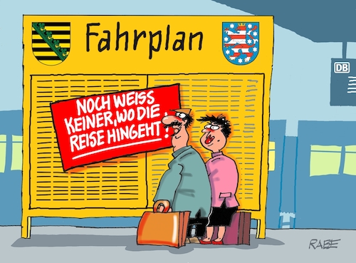 Cartoon: Fragen über Fragen (medium) by RABE tagged landtagswahl,thüringen,septemper,cdu,afd,mario,voigt,bernd,höcke,tv,duell,fernsehduell,rabe,ralf,böhme,cartoon,karikatur,pressezeichnung,farbcartoon,tagescartoon,sachsen,wechselwähler,regierungsbildung,koalitionsgespräche,bahnsteig,reisende,fahrplan,abfahrt,fragen,landtagswahl,thüringen,septemper,cdu,afd,mario,voigt,bernd,höcke,tv,duell,fernsehduell,rabe,ralf,böhme,cartoon,karikatur,pressezeichnung,farbcartoon,tagescartoon,sachsen,wechselwähler,regierungsbildung,koalitionsgespräche,bahnsteig,reisende,fahrplan,abfahrt