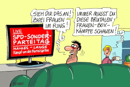 Cartoon: Frauen im Ring (medium) by RABE tagged sonderparteitag,spd,martin,schulz,ja,groko,koalitionsverhandlungen,rabe,ralf,böhme,cartoon,karikatur,pressezeichnung,farbcartoon,tagescartoon,merkel,union,andrea,nahles,parteivorsitzende,parteispitze,abstimmung,lange,oberbürgermeisterin,flensburg,frauenboxen,boxring,gegenkandidatin,sonderparteitag,spd,martin,schulz,ja,groko,koalitionsverhandlungen,rabe,ralf,böhme,cartoon,karikatur,pressezeichnung,farbcartoon,tagescartoon,merkel,union,andrea,nahles,parteivorsitzende,parteispitze,abstimmung,lange,oberbürgermeisterin,flensburg,frauenboxen,boxring,gegenkandidatin