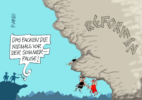 Cartoon: Freiklettern (medium) by RABE tagged merz,kanzler,koalition,union,spd,klingbeil,cartoon,karikatur,pressezeichnung,farbcartoon,tagescartoon,db,bahn,frühling,frühjahr,frühjahrsputz,ice,zug,blumenkasten,blumenkästen,esc,songcontest,sommer,sommerpause,klettern,freeclimbing,reform,reformpaket,pflegereform,rentenreform,felsen,sport,klettersport,merz,kanzler,koalition,union,spd,klingbeil,cartoon,karikatur,pressezeichnung,farbcartoon,tagescartoon,db,bahn,frühling,frühjahr,frühjahrsputz,ice,zug,blumenkasten,blumenkästen,esc,songcontest,sommer,sommerpause,klettern,freeclimbing,reform,reformpaket,pflegereform,rentenreform,felsen,sport,klettersport
