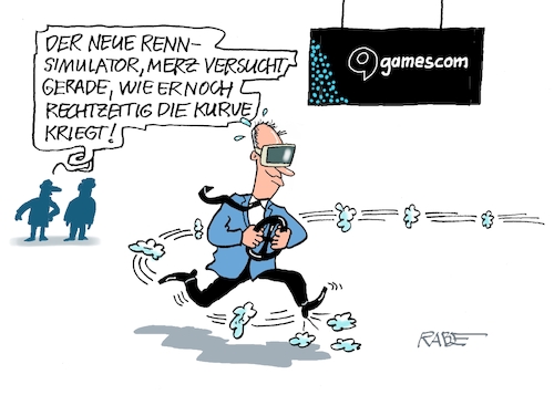 Cartoon: gamescom (medium) by RABE tagged merz,kanzler,koalition,union,spd,klingbeil,cartoon,karikatur,pressezeichnung,farbcartoon,tagescartoon,db,bahn,frühling,frühjahr,frühjahrsputz,ice,zug,blumenkasten,blumenkästen,esc,songcontest,umfragewerte,beliebtheit,reform,debatte,klausur,klausurtagung,game,gamescom,messe,computermesse,simulator,rennsimulator,kurve,brille,computerspiele,merz,kanzler,koalition,union,spd,klingbeil,cartoon,karikatur,pressezeichnung,farbcartoon,tagescartoon,db,bahn,frühling,frühjahr,frühjahrsputz,ice,zug,blumenkasten,blumenkästen,esc,songcontest,umfragewerte,beliebtheit,reform,debatte,klausur,klausurtagung,game,gamescom,messe,computermesse,simulator,rennsimulator,kurve,brille,computerspiele