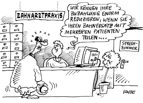 Cartoon: Gebissteilung (medium) by RABE tagged zahnarzt,zahnarztpraxis,zahnersatz,gebiss,zähne,gesundheitsreform,gesundheitsminister,rösler,fdp,bundesregierung,euro,krise,zuzahlung,praxisgebühr,krankenkasse,beiträge,kassenpatient,privatpatient,barmer,aok,dkv,künstlersozialkasse,reduzierung,patient,wartezimmer,sprechzimmer,aufnahme,notaufnahme,chipkarte,monitor,rechner,karteikarten,karteischrank,bonusheft,zahnbehandlung,bohren,zahnstein,zahnsteinentfernung,plompe,zahnarzt,zahnarztpraxis,zahnersatz,gebiss,zähne,gesundheitsreform,gesundheitsminister,rösler,fdp,bundesregierung,euro,krise,zuzahlung,praxisgebühr,krankenkasse,kassenpatient,privatpatient,barmer,künstlersozialkasse,reduzierung,patient,aok,dkv