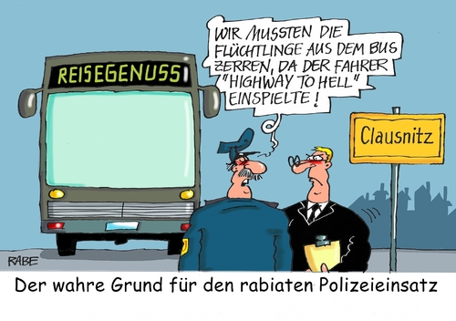 Cartoon: Genussreisen (medium) by RABE tagged polizeieinstaz,bus,böhme,ralf,rabe,flüchtlinge,reisegenuss,genussreisen,clausnitz,clausnitz,genussreisen,reisegenuss,flüchtlinge,rabe,ralf,böhme,bus,polizeieinstaz