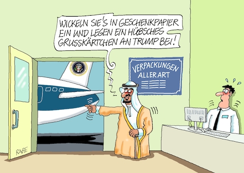 Cartoon: Geschenke über Geschenke (medium) by RABE tagged trrump,donald,präsident,usa,zoll,strafzoll,cartoon,karikatur,rabe,ralf,böhme,pressezeichnung,farbcartoon,tagescartoon,vatikan,büro,papst,franziskus,tod,sekretär,konklave,selbsternennung,kirche,bischof,air,force,one,geschenk,präsent,flugzeug,scheich,katar,geschenkpapier,verpackungsservice,geschenke,trrump,donald,präsident,usa,zoll,strafzoll,cartoon,karikatur,rabe,ralf,böhme,pressezeichnung,farbcartoon,tagescartoon,vatikan,büro,papst,franziskus,tod,sekretär,konklave,selbsternennung,kirche,bischof,air,force,one,geschenk,präsent,flugzeug,scheich,katar,geschenkpapier,verpackungsservice