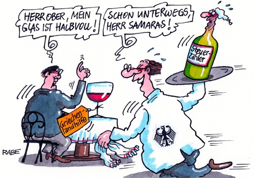 Cartoon: Glas halbvoll (medium) by RABE tagged glas,samaras,merkel,treffen,griechenland,griechenlandhilfe,euro,schulden,schuldenkrise,athen,rabe,ralf,böhme,cartoon,karikatur,rettungsschirm,schuldenschnitt,gläubiger,steuerzahler,brüssel,eu,eurozone,kellner,flasche,ministerpräsiden,krisenland,wirtschaftsgipfel,reformen,glas,samaras,merkel,treffen,griechenland,griechenlandhilfe,euro,schulden,schuldenkrise,athen,rabe,ralf,böhme,cartoon,karikatur,rettungsschirm,schuldenschnitt,gläubiger,steuerzahler,brüssel,eu,eurozone,kellner,flasche,ministerpräsiden,krisenland,wirtschaftsgipfel,reformen