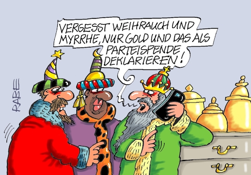 Cartoon: Gold First (medium) by RABE tagged ampel,ampelregierung,rot,grün,gelb,fdp,spd,grüne,rabe,ralf,böhme,cartoon,karikatur,pressezeichnung,farbcartoon,tagescartoon,inflation,einkommen,rente,rentenpaket,bruch,streit,neuwahlen,wahlkampf,ampelcrash,spende,parteispende,gold,geld,weihrauch,myrrhe,ampel,ampelregierung,rot,grün,gelb,fdp,spd,grüne,rabe,ralf,böhme,cartoon,karikatur,pressezeichnung,farbcartoon,tagescartoon,inflation,einkommen,rente,rentenpaket,bruch,streit,neuwahlen,wahlkampf,ampelcrash,spende,parteispende,gold,geld,weihrauch,myrrhe