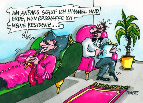 Cartoon: Gott und seine Residenz (medium) by RABE tagged gott,bischof,limburg,bibel,erschaffung,himmel,erde,psychiater,couch,psyche,gedanken,rabe,ralf,böhme,cartoon,karikatur,pressezeichnung,farbcartoon,rom,papst,verschwendung,gelder,euro,millionen,bau,baumassnahme,bischofssitz,vatikan,tebartz,van,elst,bistum,bistumssprecher,amtssitz,franziskus,kosten,diözese,staatsanwaltschaft,strafbefehl,bischofskonferenz,millionenhöhe,folgekosten,gott,bischof,limburg,bibel,erschaffung,himmel,erde,psychiater,couch,psyche,gedanken,rabe,ralf,böhme,cartoon,karikatur,pressezeichnung,farbcartoon,rom,papst,verschwendung,gelder,euro,millionen,bau,baumassnahme,bischofssitz,vatikan,tebartz,van,elst,bistum,bistumssprecher,amtssitz,franziskus,kosten,diözese,staatsanwaltschaft,strafbefehl,bischofskonferenz,millionenhöhe,folgekosten