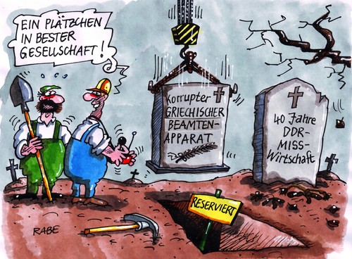 Cartoon: Grabsteininschrift 2 (medium) by RABE tagged merkel,kanzlerin,cdu,bundesregierung,finanzminister,schäuble,frankreich,deutschland,sarkozy,staatschefs,finanzchefs,griechenland,athen,papandreou,ministerpräsident,euro,eurozone,eu,brüssel,eurokrise,schuldenkrise,krise,rettungsschirm,rettungsfond,schuldenerlass,banken,bankenchefs,kredit,kreditgeber,milliarden,milliardenhilfe,rückzahlung,schuldenschnitt,platz,gesellschaft,beamte,beamtenapparat,staatsapparat,grabstein,grab,grabsteininschrift,grabplatte,grabräuber,friedhof,gottesacker,beerdigung,friedhofswärter,kran,schaufel,spitzhacke,pikel,merkel,kanzlerin,bundesregierung,schäuble,frankreich,deutschland