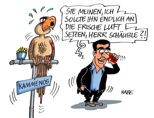 Cartoon: Griechenpapagei (medium) by RABE tagged griechenland,tsipras,papagei,nazi,neonazi,rechte,kammenos,verteidigungsminister,schäuble,cdu,finanzminister,eu,rabe,ralf,böhme,cartoon,karikatur,pressezeichnung,farbcartoon,tagescartoon,euro,brüssel,eurozone,geldgeber,kredit,milliarden,banken,ezb,troika,griechenland,tsipras,papagei,nazi,neonazi,rechte,kammenos,verteidigungsminister,schäuble,cdu,finanzminister,eu,rabe,ralf,böhme,cartoon,karikatur,pressezeichnung,farbcartoon,tagescartoon,euro,brüssel,eurozone,geldgeber,kredit,milliarden,banken,ezb,troika