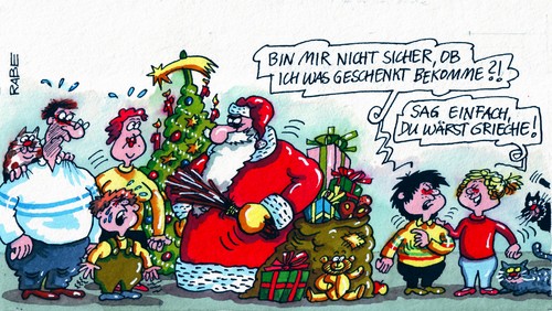 Cartoon: Griechische Bescherung (medium) by RABE tagged euro,krise,schuldenkrise,rettungsschirm,eurobonds,eurogipfel,griechenland,athen,merkel,cdu,kanzlerin,sarkozy,weihnachten,ratingagentur,moodys,weihnachtsmann,geschenke,bescherung,weihnachtsbaum,weihnachtsfest,heiligabend,weihnachtsrummel,euro,krise,schuldenkrise,rettungsschirm,eurobonds,eurogipfel,griechenland,merkel,sarkozy,weihnachten,ratingagentur