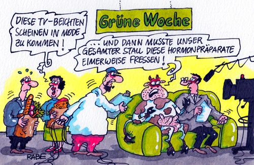 Cartoon: Grüne Woche (medium) by RABE tagged grüne,woche,berlin,merkel,kanzlerin,agrarmesse,messehallen,bauern,viehzucht,landwirtschaft,bioprodukte,viehaltung,ernährungswirtschaft,rabe,ralf,böhme,cartoon,karikatur,lebensmittel,verbraucher,veranstalter,kühe,schweine,fernsehstudio,interview,beichte,hormone,hormonpräparate,doping,dopingskandal,winfrey,profiradsport,lance,armstrong,uci,radstar,epo,testosteron,kortisondopingprogramm,fahrer,ullrich,trainer,ärzte,grüne,woche,berlin,merkel,kanzlerin,agrarmesse,messehallen,bauern,viehzucht,landwirtschaft,bioprodukte,viehaltung,ernährungswirtschaft,rabe,ralf,böhme,cartoon,karikatur,lebensmittel,verbraucher,veranstalter,kühe,schweine,fernsehstudio,interview,beichte,hormone,hormonpräparate,doping,dopingskandal,winfrey,profiradsport,lance,armstrong,uci,radstar,epo,testosteron,kortisondopingprogramm,fahrer,ullrich,trainer,ärzte