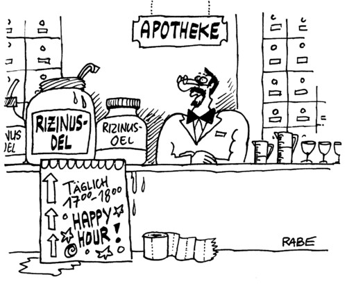 Cartoon: Happy Hour (medium) by RABE tagged apotheke,apotheker,medizin,medikamente,drogerie,rezept,arznei,verkäufer,rizinus,rizinusoel,abführmittel,durchfall,dünnpfiff,happy,hour,toilettenpapier,krankenkasse,barmer,aok,patient,darmerkrankung,ehec,meßbecher,apothekerglas,schubfächer,aufbewahrungsschrank,nasentropfen,tabletten,pillen,salben,pasten,einreibung,ladentisch,verkaufsraum,arzt,medikamenteneinnahme,gesundheit,gesundheitsminister,fdp,doktor,zäpfchen,apothekenverzeichnis,apothekenumschau,apothekennotdienst,apothekenversand,apothekenschrank,hausapotheke,arzneimittel,docmorris,apotheke,apotheker,medizin,medikamente,drogerie,rezept,arznei,verkäufer