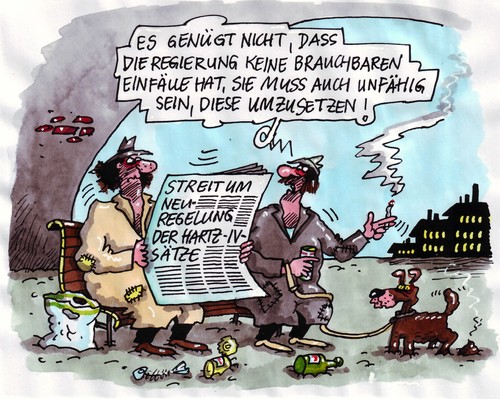 Cartoon: Hartz IV-Diskussion (medium) by RABE tagged hartz,iv,bundesregierung,euro,geld,sozialhilfe,armut,armutsgrenze,arbeitsamt,sozialminister,arbeitslosigkeit,arbeitslosenzahlen,kanzlerin,merkel,bettler,fußgängerzone,männer,hund,unterstützung,hilfe,bildungschips,sozialamt,bank,brücke,zigarette,fischgräte,trenchcoat,flasche,alkohol,hundekot,hartz,bundesregierung,euro,geld,sozialhilfe,armutsgrenze,arbeitsamt,sozialminister,arbeitslosigkeit,arbeitslosenzahlen,kanzlerin,bettler,fußgängerzone,männer