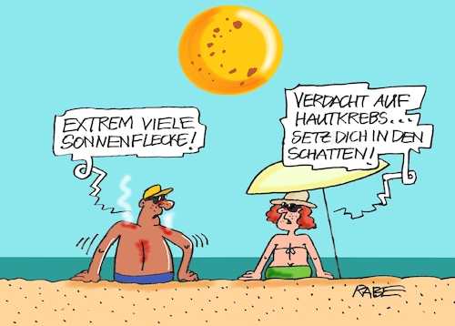 Cartoon: Hautkrebs (medium) by RABE tagged sommer,sonne,hitze,sonnenstrahlen,sonnenflecke,cartoon,karikatur,rabe,ralf,böhme,pressezeichnung,farbcartoon,tagescartoon,krebs,hautkrebs,sonnenbrand,sonnenstich,sonnenschirm,sonnenbrille,sonnenhut,meer,strand,sommer,sonne,hitze,sonnenstrahlen,sonnenflecke,cartoon,karikatur,rabe,ralf,böhme,pressezeichnung,farbcartoon,tagescartoon,krebs,hautkrebs,sonnenbrand,sonnenstich,sonnenschirm,sonnenbrille,sonnenhut,meer,strand