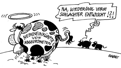 Cartoon: Heilige Kuh (medium) by RABE tagged metzger,nebeneinkünfte,diät,diäten,abgeordnetendiät,beraterhonorar,offenlegung,transparenz,firmen,anwaltskanzlei,verquickung,geschmäckle,steinbrück,steinmeier,peer,spd,opposition,kanzler,kanzlerin,kanzlerkandidatur,kandidat,kandidatur,wahl,wahlkampf,bundestagswahl,merkel,cdu,kanzlerfrage,kanzlerdebatte,wahlsieger,schlachter,karikatur,rabe,cartoon,kuh,weide,koppel,kühe,heilig,heiligenschein,schlachthof,metzger,nebeneinkünfte,diät,diäten,abgeordnetendiät,beraterhonorar,offenlegung,transparenz,firmen,anwaltskanzlei,verquickung,geschmäckle,steinbrück,steinmeier,peer,spd,opposition,kanzler,kanzlerin,kanzlerkandidatur,kandidat,kandidatur,wahl,wahlkampf,bundestagswahl,merkel,cdu,kanzlerfrage,kanzlerdebatte,wahlsieger,schlachter,karikatur,rabe,cartoon,kuh,weide,koppel,kühe,heilig,heiligenschein,schlachthof