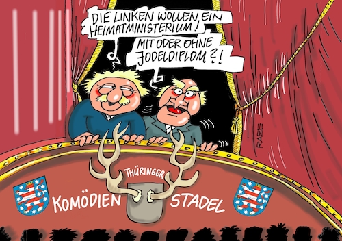 Cartoon: Heimatministerium (medium) by RABE tagged landtagswahlen,wahlergebnisse,sachsen,brandenburg,groko,spd,cdu,rabe,ralf,böhme,cartoon,karikatur,pressezeichnung,farbcartoon,tagescartoon,arzt,doktor,csu,afd,verluste,rechte,populismus,erfurt,mohring,ramelow,althaus,staatskanzlei,heimat,heimatministerium,geweih,jodeln,jodeldiplom,emanuel,hoff,muppets,show,landtagswahlen,wahlergebnisse,sachsen,brandenburg,groko,spd,cdu,rabe,ralf,böhme,cartoon,karikatur,pressezeichnung,farbcartoon,tagescartoon,arzt,doktor,csu,afd,verluste,rechte,populismus,erfurt,mohring,ramelow,althaus,staatskanzlei,heimat,heimatministerium,geweih,jodeln,jodeldiplom,emanuel,hoff,muppets,show