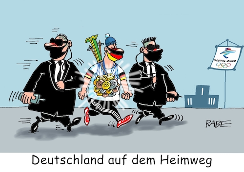 Cartoon: Heimkehrer (medium) by RABE tagged china,peking,menschenrechte,boykott,winterspiele,olympiade,rabe,ralf,böhme,cartoon,karikatur,pressezeichnung,farbcartoon,tagescartoon,sport,sportler,corona,olympiateam,olympiamannschaft,spitzensporteler,heimreise,deutschlan,wintersportler,edelmetall,gol,silber,bronze,goldmedaille,silbermedaille,bronzemedaille,personenschutz,bodyguard,security,medaillenspiegel,china,peking,menschenrechte,boykott,winterspiele,olympiade,rabe,ralf,böhme,cartoon,karikatur,pressezeichnung,farbcartoon,tagescartoon,sport,sportler,corona,olympiateam,olympiamannschaft,spitzensporteler,heimreise,deutschlan,wintersportler,edelmetall,gol,silber,bronze,goldmedaille,silbermedaille,bronzemedaille,personenschutz,bodyguard,security,medaillenspiegel