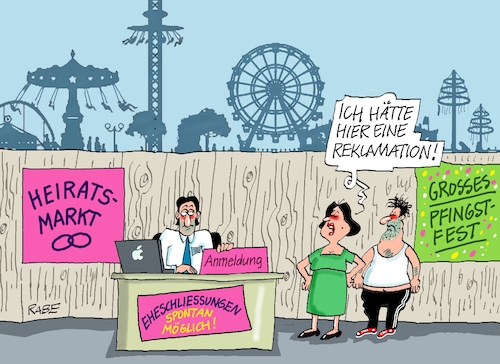 Cartoon: Heiratsmarkt (medium) by RABE tagged pfingsten,pfingstfest,pfingstveranstaltung,markt,heirat,heiratsmarkt,rabe,ralf,böhme,cartoon,karikatur,pressezeichnung,farbcartoon,tagescartoon,rummel,rummelplatz,eheschliessung,mann,frau,ehepaar,reklamation,rückgabe,pfingsten,pfingstfest,pfingstveranstaltung,markt,heirat,heiratsmarkt,rabe,ralf,böhme,cartoon,karikatur,pressezeichnung,farbcartoon,tagescartoon,rummel,rummelplatz,eheschliessung,mann,frau,ehepaar,reklamation,rückgabe