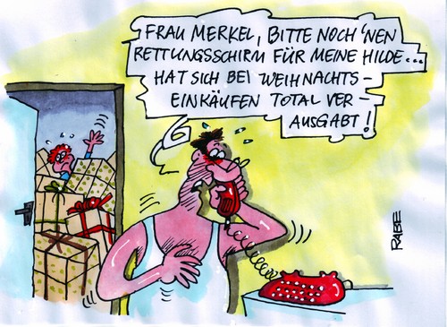 Cartoon: Hildes Rettungsschirm (medium) by RABE tagged merkel,rettungsschirm,euro,hilfspaket,geld,bundesregierung,mann,frau,advent,weihnachtseinkäufe,bescherung,streß,kaufrausch,geschenkpakete,weihnachtsfest,telefon,angela merkel,rettungsschirm,euro,hilfspaket,geld,bundesregierung,mann,frau,advent,weihnachtseinkäufe,bescherung,geschenkpakete,kaufrausch,streß,weihnachtsfest,telefon,weihnachten,angela,merkel