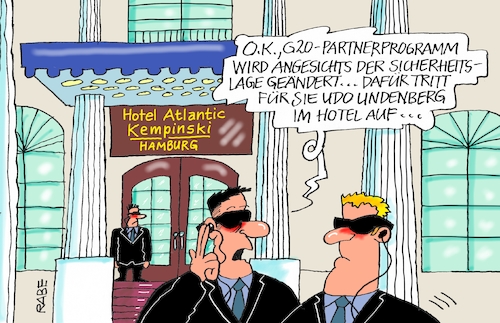 Cartoon: Hotel Atlantic (medium) by RABE tagged hamburg,sturmflut,zwanzig,gipfel,militante,linke,linksextremisten,rabe,ralf,böhme,cartoon,karikatur,pressezeichnung,farbcartoon,tagescartoon,welle,gewalt,innenminister,hotel,kempinski,atlantic,hansestadt,partnerprogramm,melanie,trump,sicherheitslage,krawalle,udo,lindenberg,polizei,polizeichef,straßensperren,bodyguard,hamburg,sturmflut,zwanzig,gipfel,militante,linke,linksextremisten,rabe,ralf,böhme,cartoon,karikatur,pressezeichnung,farbcartoon,tagescartoon,welle,gewalt,innenminister,hotel,kempinski,atlantic,hansestadt,partnerprogramm,melanie,trump,sicherheitslage,krawalle,udo,lindenberg,polizei,polizeichef,straßensperren,bodyguard