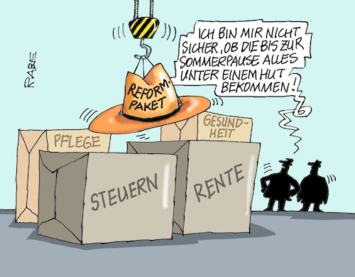 Cartoon: Hut (medium) by RABE tagged merz,kanzler,koalition,union,spd,klingbeil,cartoon,karikatur,pressezeichnung,farbcartoon,tagescartoon,db,bahn,frühling,frühjahr,frühjahrsputz,ice,zug,blumenkasten,blumenkästen,esc,songcontest,reform,reformpaket,sommerpause,rente,pflege,gesundheit,steuern,merz,kanzler,koalition,union,spd,klingbeil,cartoon,karikatur,pressezeichnung,farbcartoon,tagescartoon,db,bahn,frühling,frühjahr,frühjahrsputz,ice,zug,blumenkasten,blumenkästen,esc,songcontest,reform,reformpaket,sommerpause,rente,pflege,gesundheit,steuern