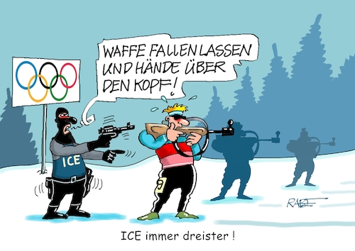 Cartoon: ICE immer dreister (medium) by RABE tagged trump,präsident,usa,donald,einmarsch,erstürmung,cartoon,karikatur,pressezeichnung,rabe,ralf,böhme,farbcartoon,tagescartoon,venezuela,südamerika,maduro,regimewechsel,weltordnung,kongress,völkerrecht,ice,gewalt,mord,minnesota,minneapolis,auslanderbehörde,schußwaffe,biathlon,olympia,wettkampf,winterspiele,gewehr,dreistigkeit,wintersport,sport,trump,präsident,usa,donald,einmarsch,erstürmung,cartoon,karikatur,pressezeichnung,rabe,ralf,böhme,farbcartoon,tagescartoon,venezuela,südamerika,maduro,regimewechsel,weltordnung,kongress,völkerrecht,ice,gewalt,mord,minnesota,minneapolis,auslanderbehörde,schußwaffe,biathlon,olympia,wettkampf,winterspiele,gewehr,dreistigkeit,wintersport,sport
