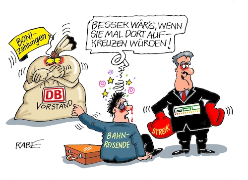 Cartoon: Immer die Falschen (medium) by RABE tagged bahn,db,bahnkunden,fahrpreis,fahrpreiserhöhung,rabe,ralf,böhme,cartoon,karikatur,pressezeichnung,farbcartoon,tagescartoon,schnellzug,bahnticket,schlusslicht,passagiere,bahnreisende,puffer,bahnstreik,weselsky,lokführer,gdl,vorstand,bahnvoestand,geldsack,boxhandschuhe,koffer,boni,bonizahlungen,bahn,db,bahnkunden,fahrpreis,fahrpreiserhöhung,rabe,ralf,böhme,cartoon,karikatur,pressezeichnung,farbcartoon,tagescartoon,schnellzug,bahnticket,schlusslicht,passagiere,bahnreisende,puffer,bahnstreik,weselsky,lokführer,gdl,vorstand,bahnvoestand,geldsack,boxhandschuhe,koffer,boni,bonizahlungen