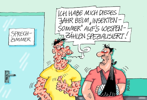 Cartoon: Insektensommer (medium) by RABE tagged hitze,dürre,klima,klimawandel,wetterextreme,trockenheit,rabe,ralf,böhme,cartoon,karikatur,pressezeichnung,farbcartoon,tagescartoon,sommer,extremwetter,nabu,naturschutzbund,insekten,insektensommer,insektenzählung,wespen,wespenstiche,zählung,stachel,stich,arzt,sprechzimmer,wartezimmer,hitze,dürre,klima,klimawandel,wetterextreme,trockenheit,rabe,ralf,böhme,cartoon,karikatur,pressezeichnung,farbcartoon,tagescartoon,sommer,extremwetter,nabu,naturschutzbund,insekten,insektensommer,insektenzählung,wespen,wespenstiche,zählung,stachel,stich,arzt,sprechzimmer,wartezimmer