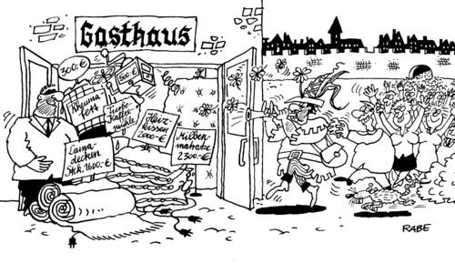 Cartoon: Kaffefahrt (medium) by RABE tagged kaffeefahrt,werbefahrt,lamadecken,heizdecken,abzocke,gauner,geschäftemacher,rheumadecken,hausmilben,matratzen,gasthaus,gaststätte,bodyguard,rattenfänger,schnäppchenjäger,hameln,busfahrt,stadttor,flöte,männer,frauen,euro,geld,kriminalität,gewinn,kaffeefahrt,kaffee,heizdecken,rheuma,gesundheit,alter,gauner,abzockerei,matratzen,handel,verkauf