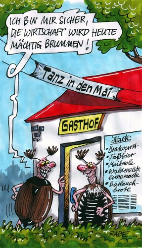 Cartoon: Kampftanztag (medium) by RABE tagged mai,maifeiertag,kampftag,gewerkschaften,demo,maikundgebung,maidemo,maientanz,maikäfer,maibowlw,gasthof,biergarten,wirtschaft,konjunktur,aufschwung,bratwurst,fassbier,fassbrause,bärlauch,bärlauchbrote,maiglöckchen,sonne,wetter,sonnenschein,maiwanderung,brummer,käfer,insekten,engerling,maikäferplage,mai,kampftag,gewerkschaften,demo