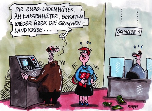 Cartoon: Kassenhüter (medium) by RABE tagged kasse,kassenhüter,laden,ladenhüter,eu,brüssel,euro,krise,staatengemeinschaft,währungsunion,finanzminister,schäuble,cdu,kanzlerin,merkel,soforthilfe,hilfspaket,sparpaket,rettungspaket,rettungsschirm,steuererhöhung,steuerzahler,banken,banker,börse,spekulanten,griechenland,griechenlandhilfe,athen,eulen,irland,portugal,spanien,geldautomat,bankschalter,bankangestellter,geldscheine,mann,frau,kasse,kassenhüter,laden,ladenhüter,eu,brüssel,euro,krise,staatengemeinschaft,währungsunion,finanzminister,kanzlerin,merkel,soforthilfe,hilfspaket,sparpaket,schäuble,cdu,steuererhöhung,steuerzahler,rettungsschirm,rettungspaket,börse,banker,banken,spekulant