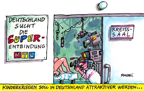 Cartoon: Kinderkriegen (medium) by RABE tagged kinder,bundesrepublik,deutschland,familienministerin,schröder,cdu,familienpolitik,herdprämie,eltern,elterngeld,kreisssaal,entbindung,kaiserschnitt,rabe,ralf,böhme,cartoon,karikatur,attraktivität,geburt,geburtenrate,mütter,superentbindung,rtl,tv,reality,show,liveübertragung,bevölkerung,bevölkerungsforschung,kameras,supertalent,superstar,kinder,bundesrepublik,deutschland,familienministerin,schröder,cdu,familienpolitik,herdprämie,eltern,elterngeld,kreisssaal,entbindung,kaiserschnitt,rabe,ralf,böhme,cartoon,karikatur,attraktivität,geburt,geburtenrate,mütter,superentbindung,rtl,tv,reality,show,liveübertragung,bevölkerung,bevölkerungsforschung,kameras,supertalent,superstar