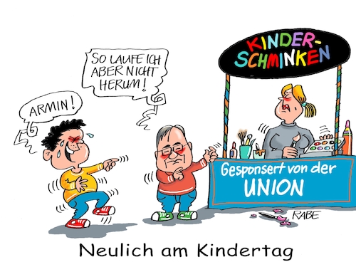 Cartoon: Kinderschminken (medium) by RABE tagged bundestagswahl,wahlkampf,osten,ddr,ostbeauftragter,bundesregierung,recht,rabe,ralf,böhme,cartoon,karikatur,pressezeichnung,farbcartoon,tagescartoon,kanzleramt,laschet,gartenzwerg,kindertag,kindertagsparty,kinderschminken,schminke,union,sponsor,sponsoring,maske,armin,tusche,lippenstift,bundestagswahl,wahlkampf,osten,ddr,ostbeauftragter,bundesregierung,recht,rabe,ralf,böhme,cartoon,karikatur,pressezeichnung,farbcartoon,tagescartoon,kanzleramt,laschet,gartenzwerg,kindertag,kindertagsparty,kinderschminken,schminke,union,sponsor,sponsoring,maske,armin,tusche,lippenstift