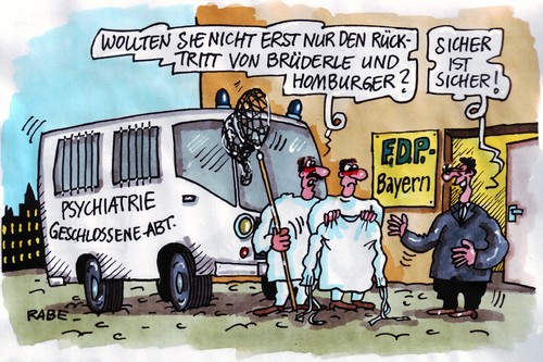 Cartoon: Klapsmühle (medium) by RABE tagged fdp,parteivorsitzender,bundesparteitag,parteispitze,parteikrise,führungskrise,rücktritt,abwahl,neuwahl,brüderle,homburger,westerwelle,rösler,lindner,bahr,landesparteitag,bundestag,merkel,kanzlerin,cdu,krise,euro,rücktrittsforderung,bayern,neuwahlen,psychiatrie,psychiater,nervenklinik,klapsmühle,geschlossenen,anstalt,nervenheilanstalt,seelenklempner,kescher,zwangsjacke,parteizentrale,rettungswagen,notdienst,notfall,fdp,bundesparteitag,parteispitze,parteikrise,führungskrise,rücktritt,abwahl