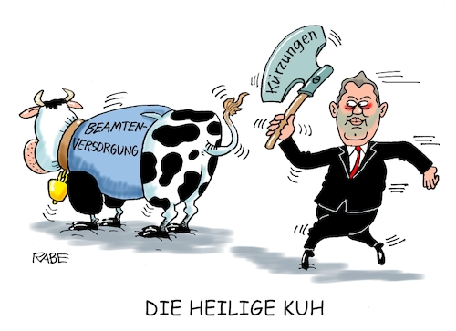 Cartoon: Klingbeils Hackebeil (medium) by RABE tagged merz,kanzler,koalition,union,spd,klingbeil,cartoon,karikatur,pressezeichnung,farbcartoon,tagescartoon,db,bahn,frühling,frühjahr,frühjahrsputz,ice,zug,blumenkasten,blumenkästen,esc,songcontest,einsparungen,kürzungen,reform,lars,hackebeil,beamte,beamtenstatus,beamtenversorgung,rente,panssion,axt,beil,schlachtung,schlachthof,kuh,heiligtum,altar,merz,kanzler,koalition,union,spd,klingbeil,cartoon,karikatur,pressezeichnung,farbcartoon,tagescartoon,db,bahn,frühling,frühjahr,frühjahrsputz,ice,zug,blumenkasten,blumenkästen,esc,songcontest,einsparungen,kürzungen,reform,lars,hackebeil,beamte,beamtenstatus,beamtenversorgung,rente,panssion,axt,beil,schlachtung,schlachthof,kuh,heiligtum,altar