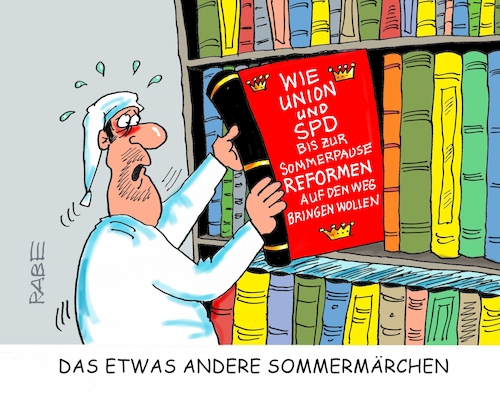 Cartoon: Koalitionssommermärchen (medium) by RABE tagged merz,kanzler,koalition,union,spd,klingbeil,cartoon,karikatur,pressezeichnung,farbcartoon,tagescartoon,db,bahn,frühling,frühjahr,frühjahrsputz,ice,zug,blumenkasten,blumenkästen,esc,songcontest,sommermärchen,reform,reformpaket,bücher,bücherregal,sommerpause,wm,fußball,sport,merz,kanzler,koalition,union,spd,klingbeil,cartoon,karikatur,pressezeichnung,farbcartoon,tagescartoon,db,bahn,frühling,frühjahr,frühjahrsputz,ice,zug,blumenkasten,blumenkästen,esc,songcontest,sommermärchen,reform,reformpaket,bücher,bücherregal,sommerpause,wm,fußball,sport