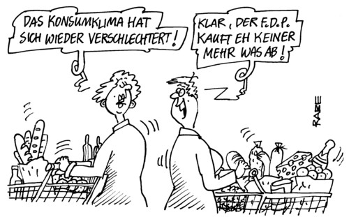 Cartoon: Konsumklimatisches (medium) by RABE tagged fdp,bundesparteitag,westerwelle,rösler,bahr,brüderle,homburger,parteienspitze,parteivorsitzender,parteiengerangel,landesparteitag,bundesregierung,merkel,kanzlerin,cdu,koalition,schwarzgelb,außenminister,wirtschaftsminister,gesundheitsminister,euro,krise,banken,finanzhilfe,konsument,verbraucher,konsumklima,kaufen,einkauf,verbraucherstatistik,einkaufswagen,korbwagen,frauen,wochenendeinkauf,supermarkt,sb,markt,aldi,lidl,netto,neukauf,edeka,tegut,plus,spar,warenkorb,liberale,liberal,fdp,bundesparteitag,landesparteitag,führungsspitze,parteispitze,parteiengerangel,postengerangel,parteivorsitzender,koalition,bundesregierung,merkel,vizekanzler,rösler