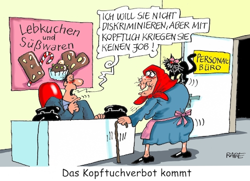 Cartoon: Kopftuchverbot (medium) by RABE tagged kopftuch,kopftuchverbot,arbeitgeber,muslime,flüchtline,integration,rabe,ralf,böhme,cartoon,karikatur,pressezeichnung,farbcartoon,tagescartoon,hexe,knusperhexe,knusperhäuschen,hänsel,gretel,gebrüder,grimm,pfefferkuchen,süßigkeiten,kopftuch,kopftuchverbot,arbeitgeber,muslime,flüchtline,integration,rabe,ralf,böhme,cartoon,karikatur,pressezeichnung,farbcartoon,tagescartoon,hexe,knusperhexe,knusperhäuschen,hänsel,gretel,gebrüder,grimm,pfefferkuchen,süßigkeiten