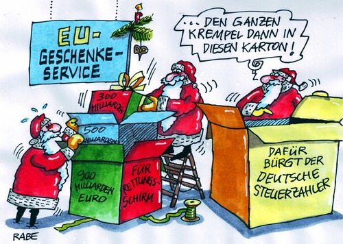 Cartoon: Krempel (medium) by RABE tagged eu,euro,eurokrise,rettungsschirm,eurobonds,schuldenkrise,brüssel,finanzchefs,währungshüter,frenkreich,deutschland,merkel,kanzlerin,cdu,sarkozy,griechenland,athen,aktien,ratingagentur,weihnachten,weihnachtsmänner,bescherung,geschenke,weihnachtsfest,geschenkpapier,krempel,karton,verpackung,service,wunschzettel,eu,euro,eurokrise,rettungsschirm,eurobonds,schuldenkrise,brüssel,finanzchefs,währungshüter