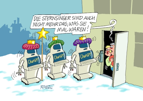 Cartoon: Künstliche Sternsinger (medium) by RABE tagged silvester,silvesterfeier,neujahr,rabe,ralf,böhme,cartoon,karikatur,pressezeichnung,farbcartoon,tagescartoon,musical,theater,jahresrückblick,jahresbegin,sternsinger,sternsänger,dreikönigstag,dreikönigsfest,singer,ki,it,roboter,chatgpt,morgenland,turban,sammelbüchse,jesus,krippe,jesuskind,silvester,silvesterfeier,neujahr,rabe,ralf,böhme,cartoon,karikatur,pressezeichnung,farbcartoon,tagescartoon,musical,theater,jahresrückblick,jahresbegin,sternsinger,sternsänger,dreikönigstag,dreikönigsfest,singer,ki,it,roboter,chatgpt,morgenland,turban,sammelbüchse,jesus,krippe,jesuskind