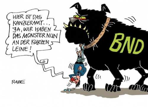 Cartoon: Kurze Leine (medium) by RABE tagged bnd,bundesnachrichtendienst,geheimdienst,spionage,nsa,kanzleramt,beschluß,gesetz,abhörskandal,rabe,ralf,böhme,cartoon,karikatur,pressezeichnung,farbcartoon,tagescartoon,hund,hundeleine,bissig,kampfhund,bnd,bundesnachrichtendienst,geheimdienst,spionage,nsa,kanzleramt,beschluß,gesetz,abhörskandal,rabe,ralf,böhme,cartoon,karikatur,pressezeichnung,farbcartoon,tagescartoon,hund,hundeleine,bissig,kampfhund