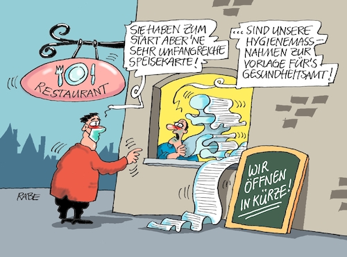 Cartoon: Kurzzeitöffnung (medium) by RABE tagged virus,corona,pandemie,coronakrise,rabe,ralf,böhme,cartoon,karikatur,pressezeichnung,farbcartoon,tagescartoon,viren,virenschutz,mundschutz,desinfektion,föderal,föderalismus,ländersache,abstandsregeln,maskenpflicht,gastronomie,gaststätten,restaurant,menü,gesundheitsamt,hygiene,hygienemassnahmen,hygienevorschriften,kontrolle,überprüfung,gäste,besucher,lockerung,virus,corona,pandemie,coronakrise,rabe,ralf,böhme,cartoon,karikatur,pressezeichnung,farbcartoon,tagescartoon,viren,virenschutz,mundschutz,desinfektion,föderal,föderalismus,ländersache,abstandsregeln,maskenpflicht,gastronomie,gaststätten,restaurant,menü,gesundheitsamt,hygiene,hygienemassnahmen,hygienevorschriften,kontrolle,überprüfung,gäste,besucher,lockerung