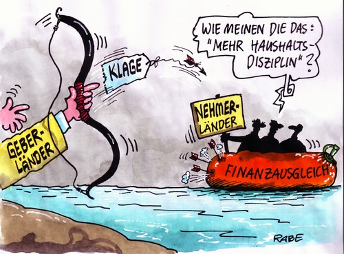 Cartoon: Länderfinanzausgleich (medium) by RABE tagged länderfinanzausgleich,hessen,bayern,seehofer,csu,cdu,badenbwürtemberg,euro,geld,klage,bundesverfassungsgericht,justiz,sparen,richter,haushaltsdisziplin,geberländer,nehmerländer,disziplin,krise,thüringen,lieberknecht,pfeil,und,bogen,schlauchboot,rettungsboot,hessen,bayern,seehofer,csu,cdu,geld,klage,bundesverfassungsgericht,länderfinanzausgleich,justiz,nehmerländer