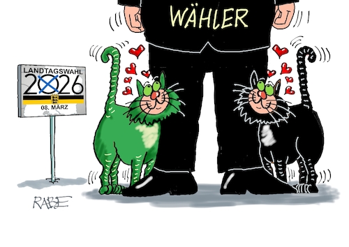 Cartoon: Landtagswahl (medium) by RABE tagged merz,kanzler,koalition,union,spd,klingbeil,cartoon,karikatur,pressezeichnung,farbcartoon,tagescartoon,bürokratie,verwaltung,beamte,modernisierung,monster,drachen,schwert,holzschwert,nägel,säge,landtagswahl,badenwürttemberg,baden,württemberg,katze,kätzchen,schwarz,grün,wähler,grüne,cem,özdemir,cdu,hagel,merz,kanzler,koalition,union,spd,klingbeil,cartoon,karikatur,pressezeichnung,farbcartoon,tagescartoon,bürokratie,verwaltung,beamte,modernisierung,monster,drachen,schwert,holzschwert,nägel,säge,landtagswahl,badenwürttemberg,baden,württemberg,katze,kätzchen,schwarz,grün,wähler,grüne,cem,özdemir,cdu,hagel