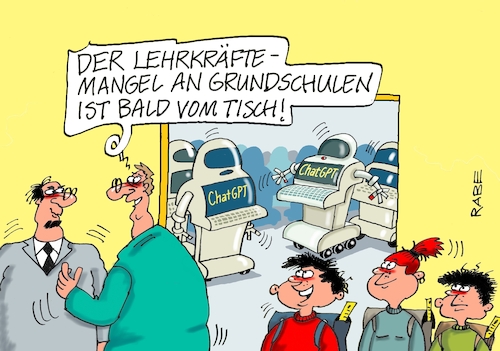 Cartoon: Lehrkräftemangel (medium) by RABE tagged chatgpt,intelligenz,roboter,ki,volker,wissing,fdp,rabe,ralf,böhme,cartoon,karikatur,pressezeichnung,farbcartoon,tagescartoon,habeck,jena,digitalgipfel,eu,verordnung,europa,lehrkräfte,lehrer,lehrermangel,grundschule,grundschulen,schüler,klassenzimmer,bildungswesen,it,chatgpt,intelligenz,roboter,ki,volker,wissing,fdp,rabe,ralf,böhme,cartoon,karikatur,pressezeichnung,farbcartoon,tagescartoon,habeck,jena,digitalgipfel,eu,verordnung,europa,lehrkräfte,lehrer,lehrermangel,grundschule,grundschulen,schüler,klassenzimmer,bildungswesen,it