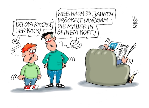 Cartoon: Leise rieselt der Kalk (medium) by RABE tagged mauerfall,grenzöffnung,wende,osten,westen,mauerspechte,rabe,ralf,böhme,cartoon,karikatur,pressezeichnung,farbcartoon,tagescartoon,opa,enkel,jungs,kalk,verkalkung,köpfe,mauerfall,grenzöffnung,wende,osten,westen,mauerspechte,rabe,ralf,böhme,cartoon,karikatur,pressezeichnung,farbcartoon,tagescartoon,opa,enkel,jungs,kalk,verkalkung,köpfe