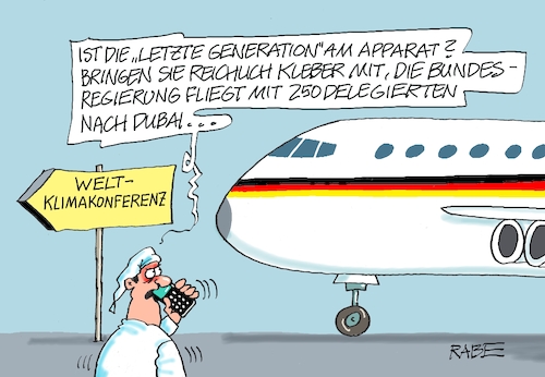 Cartoon: Letzte Generation (medium) by RABE tagged ampelregierung,scholz,spd,grüne,fdp,lindner,kinder,kindergrundsicherung,rabe,ralf,böhme,cartoon,karikatur,pressezeichnung,farbcartoon,tagescartoon,hausmeister,ohren,zähne,klimakonferenz,weltklimakonferenz,dubai,flugzeug,rollfeld,rollbahn,ampelregierung,scholz,spd,grüne,fdp,lindner,kinder,kindergrundsicherung,rabe