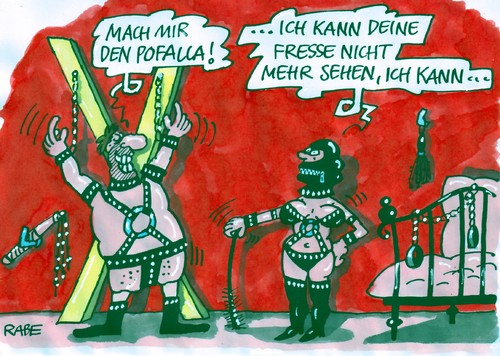 Cartoon: Liebesspiele (medium) by RABE tagged bundesregierung,kanzlerin,merkel,cdu,pofalla,kanzleramtsminister,bosbach,beschimpfung,beleidigung,euro,eurokrise,schuldenkrise,griechenland,rettungsschirm,koalition,abstimmung,rettungsschirmausweitung,abweichler,streitereien,innenpolitiker,gewissensentscheidung,attacken,kritik,interview,efsf,fraktionsführung,sadomaso,sexspiele,mann,frau,paar,sexstudio,peitsche,handschellen,fesseln,bett,vorlieben,innenexperte,leder,lack,nieten,bundesregierung,kanzlerin,merkel,cdu,pofalla,kanzleramtsminister,bosbach,beschimpfung